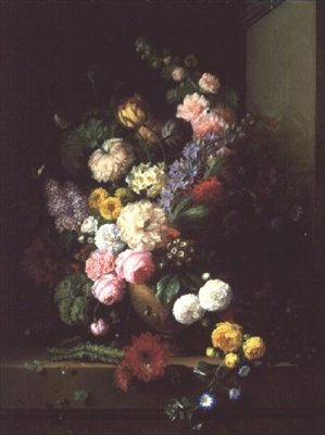 1843年鲜花和葡萄的静物 作者 E.和Chazal Bruyere