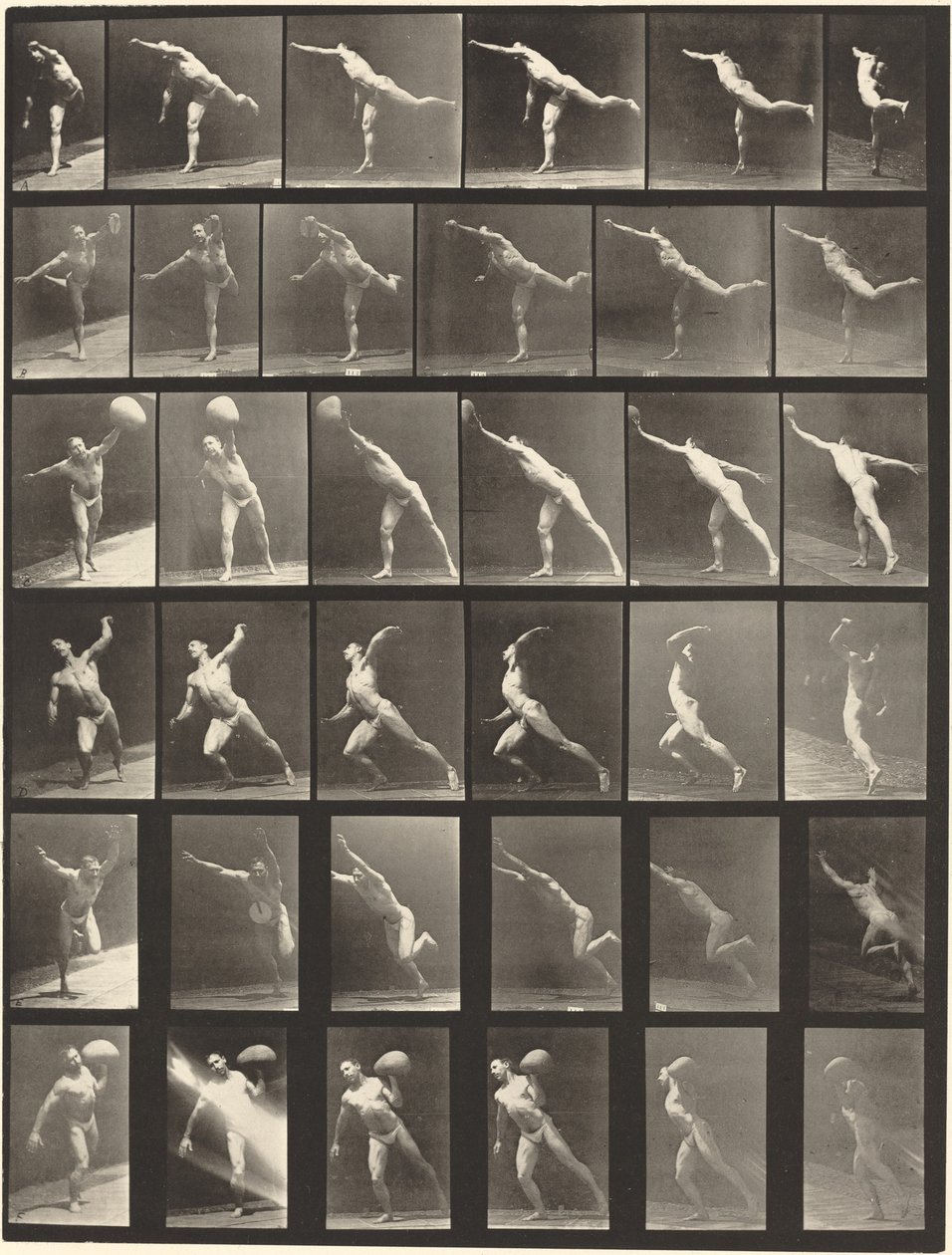 板块编号523。A: 击球。B, E: 抛出圆盘。C, F: 挥动75磅重的石头..., 1887年。 作者 爱德沃德·迈布里奇