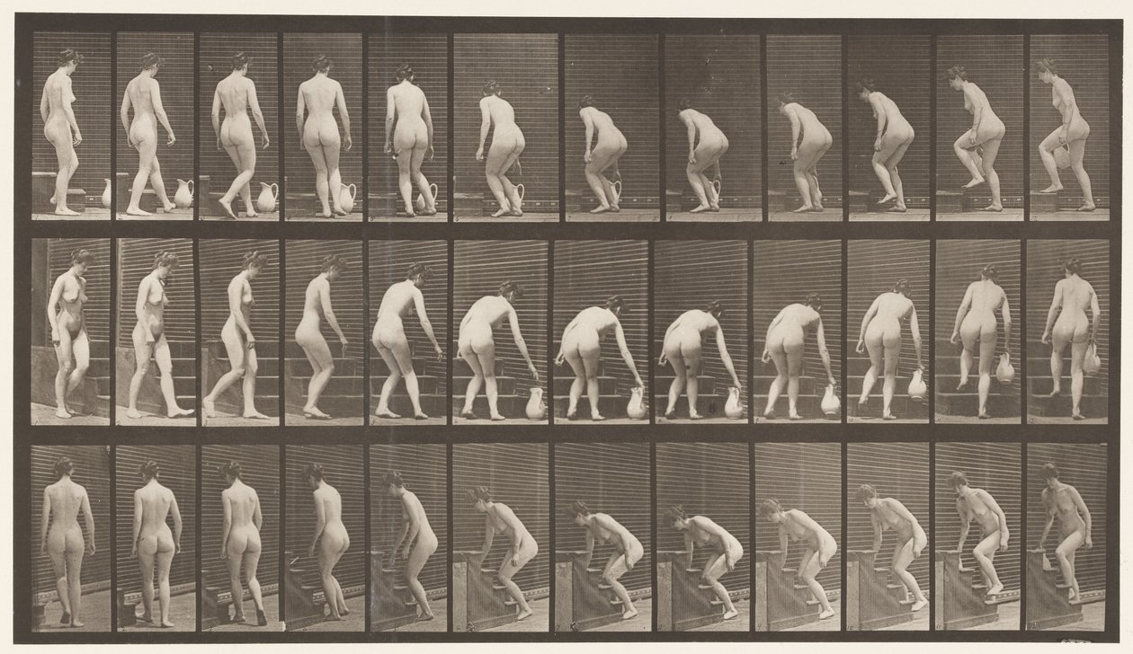 板108.转向登高楼梯，弯腰，举起投手，1872-1885 作者 爱德沃德·迈布里奇