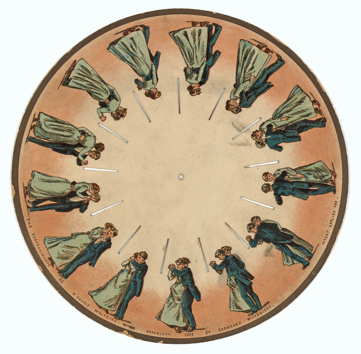 zoopraxiscope disc显示一对夫妇华尔兹，1893年 作者 爱德沃德·迈布里奇