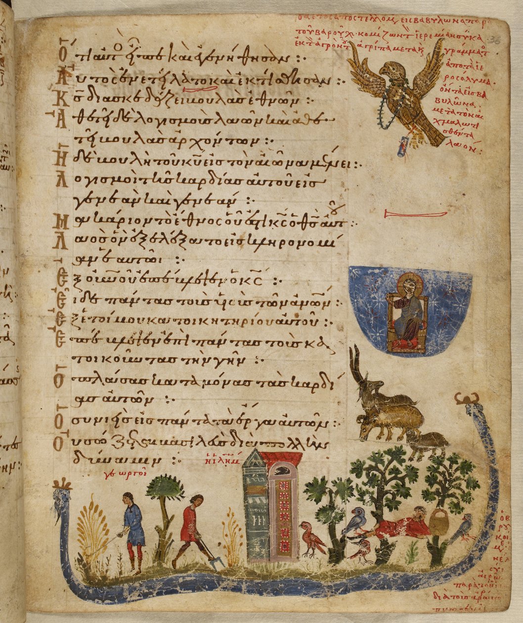 加注：19352，f.36r19352，f.36r 巴鲁克寄来的鹰；花园场景，选自西奥多诗篇 作者 东地中海学校