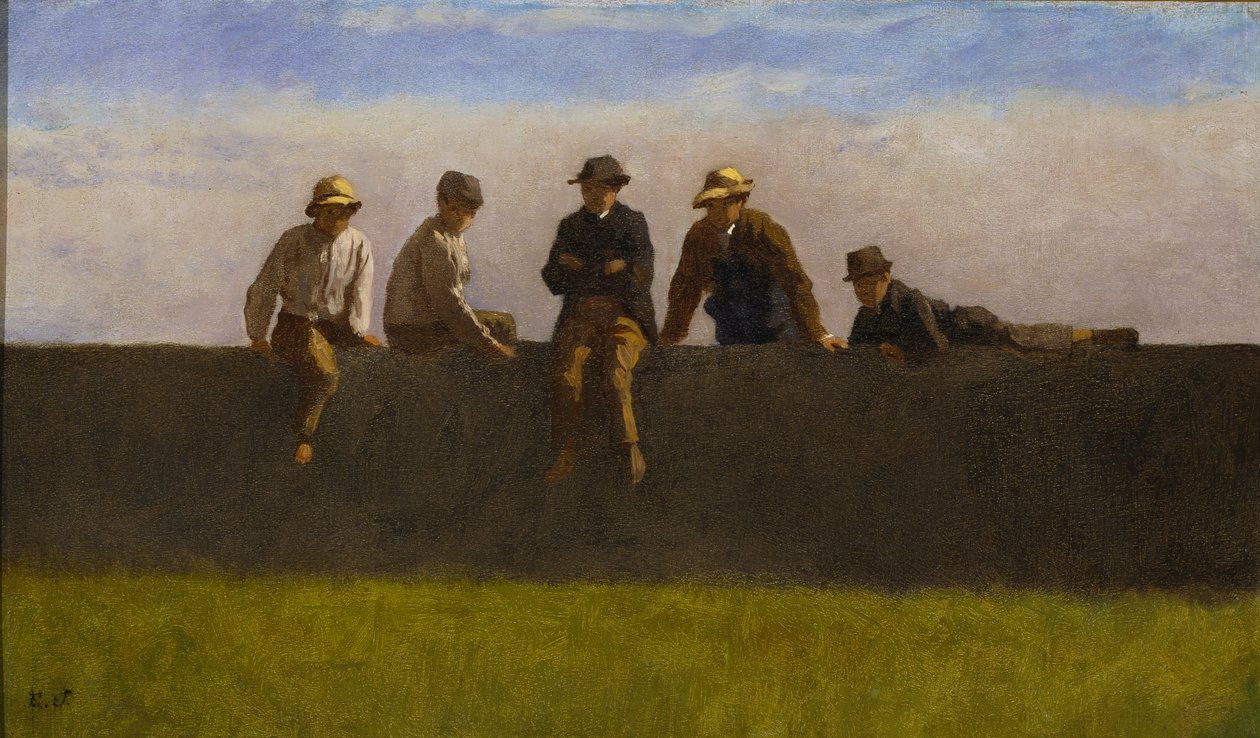 墙上的五个男孩，约1875年至1880年（构图板上的油） 作者 伊士曼·约翰逊