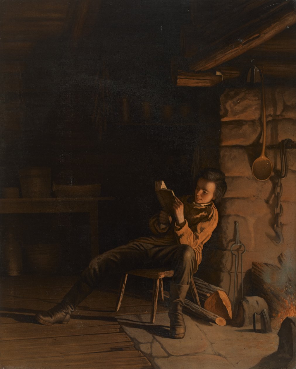 林肯少年时代。 （在小屋里的一个晚上。），1868年（船上纸上的彩色石版画） 作者 伊士曼·约翰逊