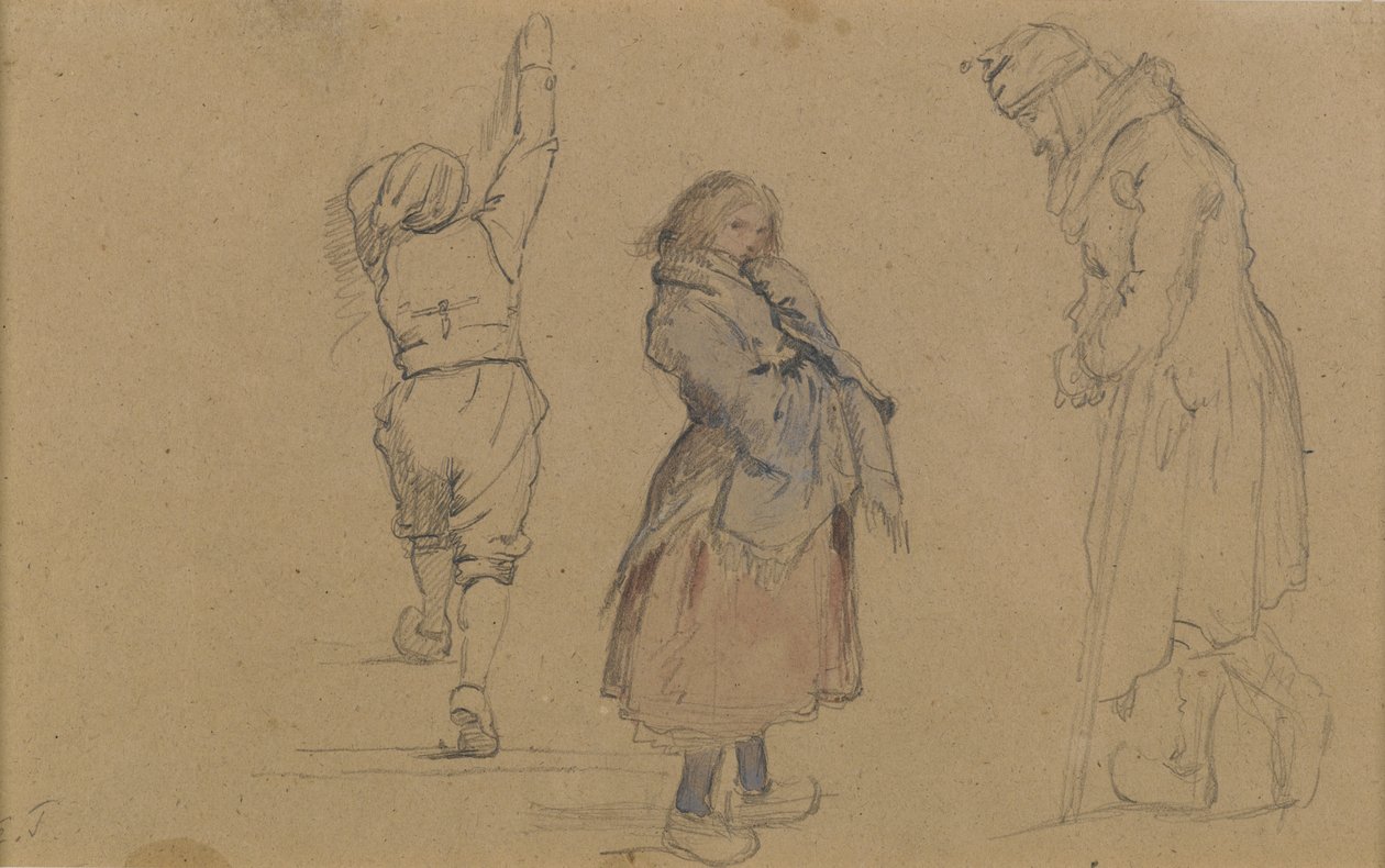 三个荷兰人物，c.1852（石墨，白垩和棕色纸上的白色粉笔） 作者 伊士曼·约翰逊