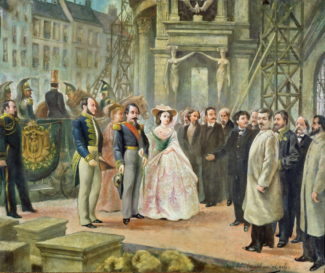 Baron Georges-Eugene Haussmann（1809-91）Napoleon III（1808-73）和Empress Eugenie（1826-1920）访问歌剧院的工人 作者 埃德吉利斯