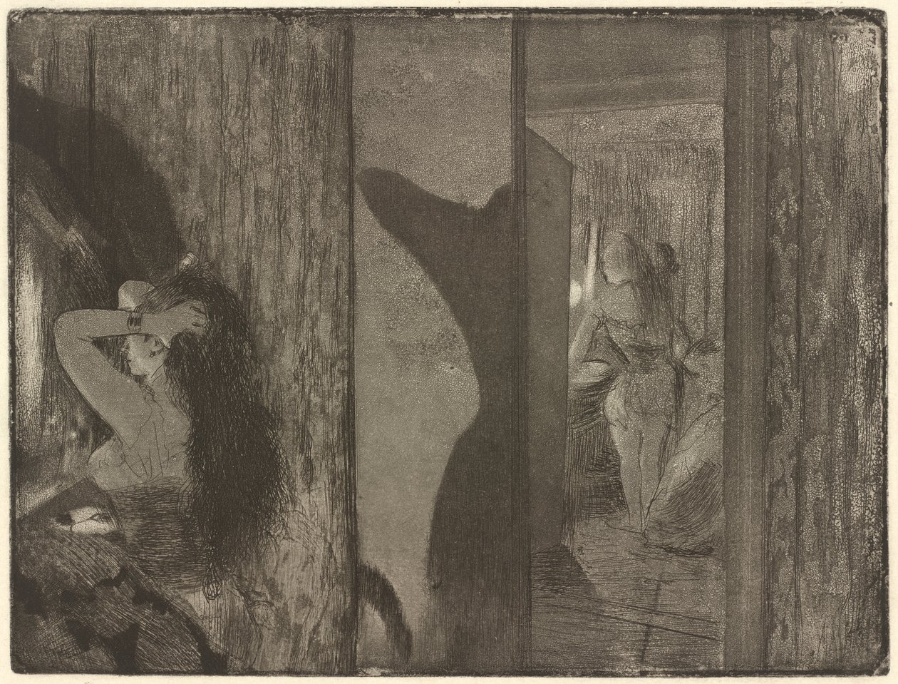 他们的更衣室里的女演员，1879-1880（在纸上蚀刻和涂抹） 作者 埃德加·德加