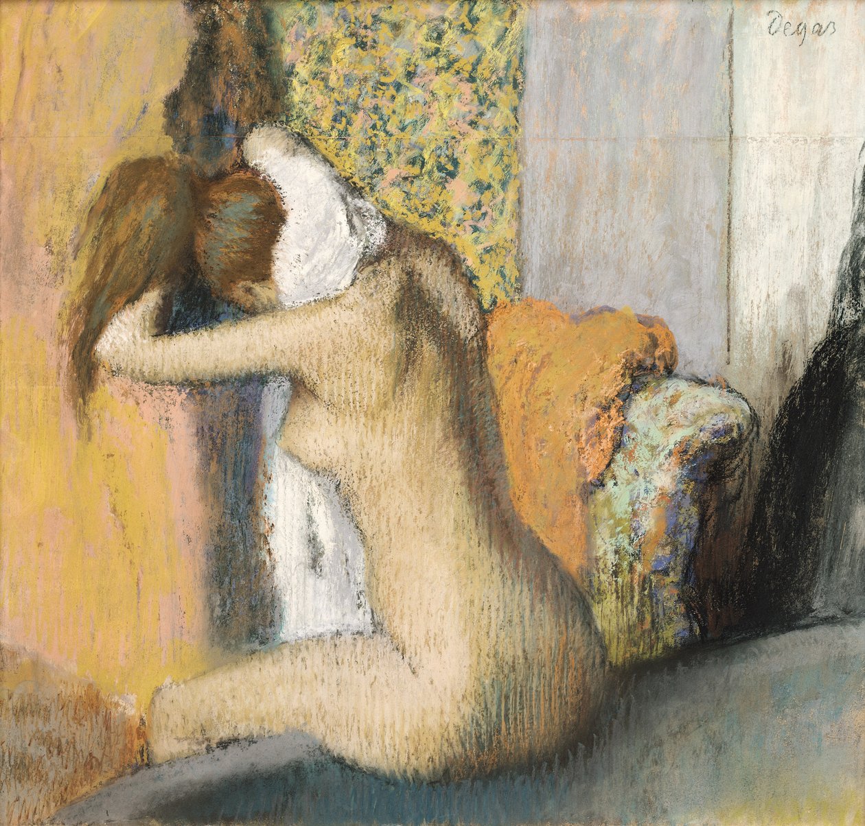 沐浴后，女人干燥她的脖子，1898年（装在纸上的粉彩） 作者 埃德加·德加