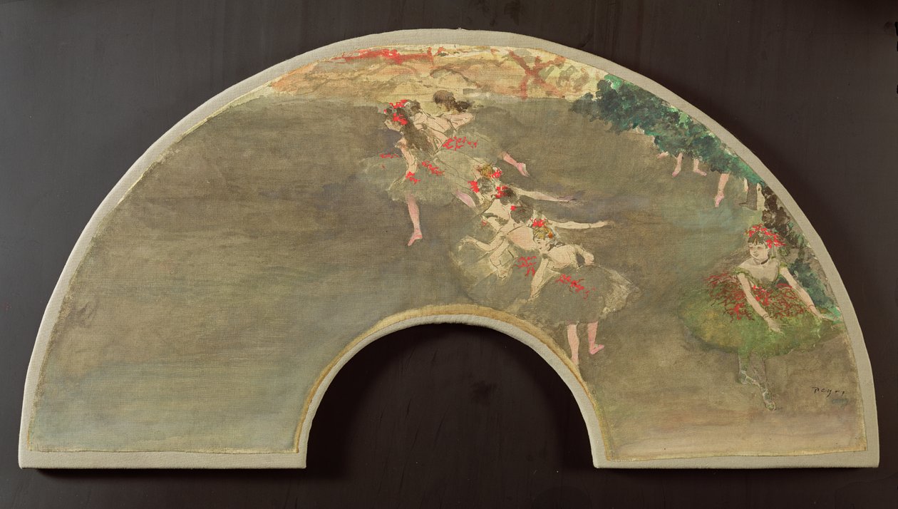 芭蕾舞演员，粉丝设计（画布上的水粉） 作者 埃德加·德加