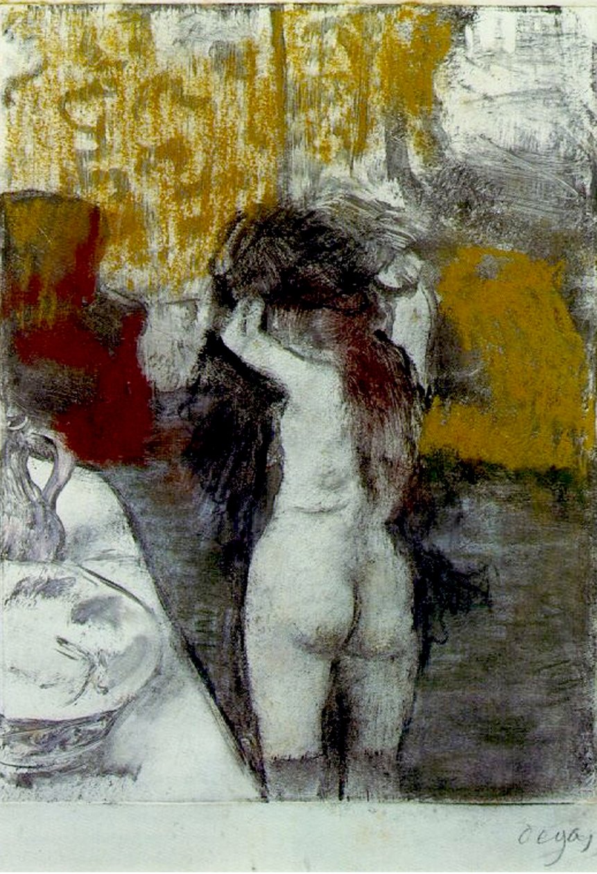 沐浴在水中，c.1903（船上纸上的粉笔和黑色粉笔） 作者 埃德加·德加