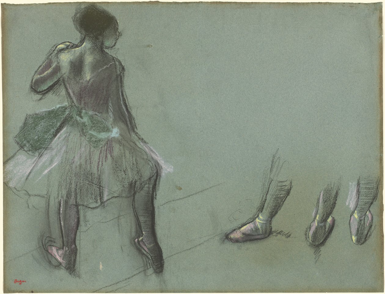 从背后看到的舞者和脚的三个研究，c.1878（黑色粉笔和蓝灰色纸上的粉彩） 作者 埃德加·德加