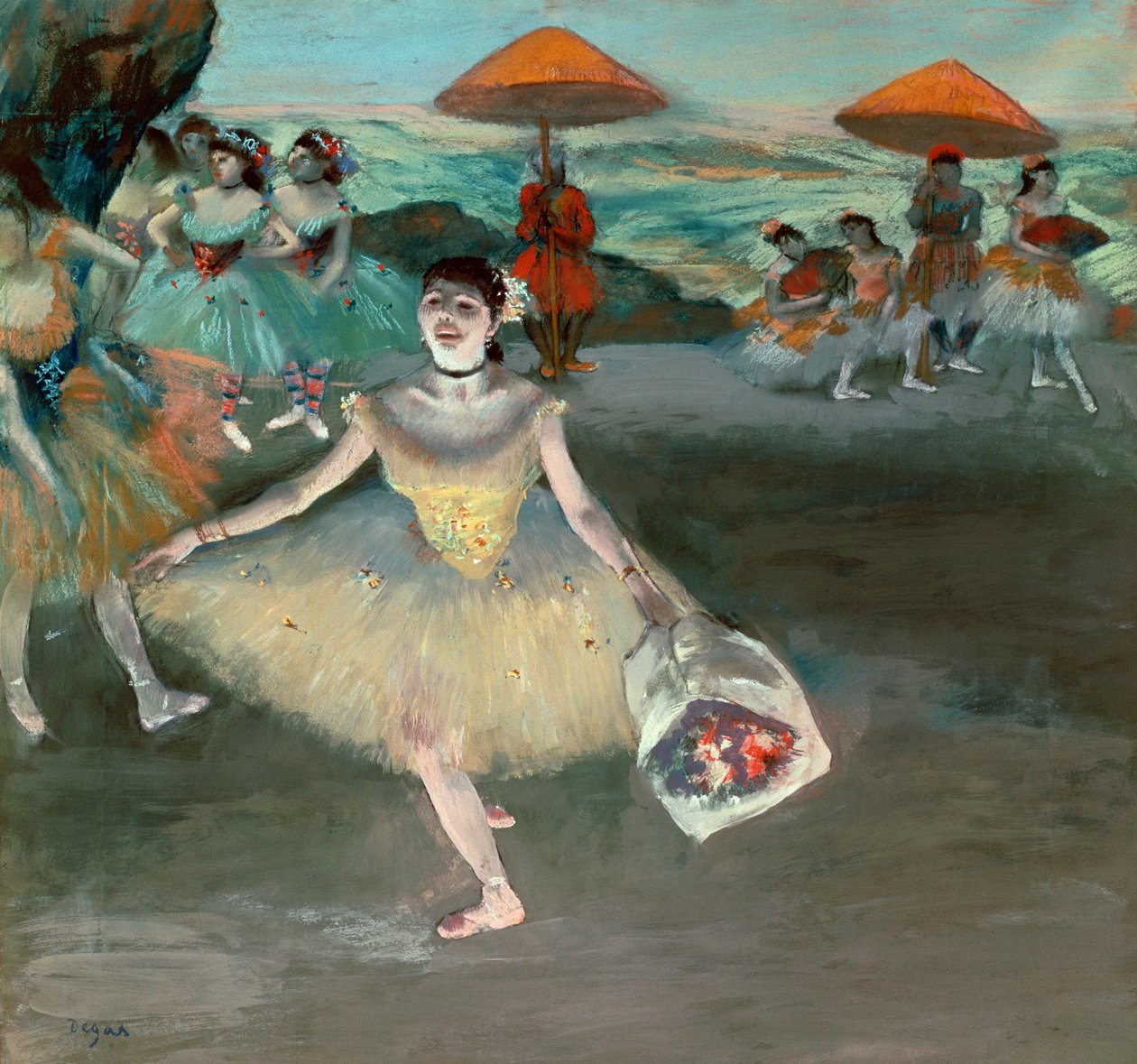 舞者与花束，curtseying，1877年（纸上粉彩） 作者 埃德加·德加