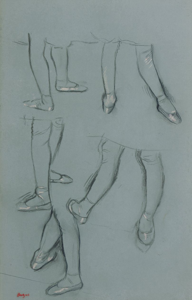 一对腿的五项研究，c.1878-80（绿纸上的铅笔，木炭和粉彩） 作者 埃德加·德加