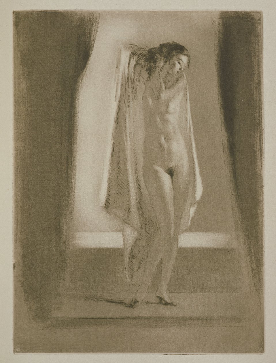 女人出浴，西多妮-加布里埃尔-科莱特（Sidonie-Gabrielle Colette，1873-1954 年）为 1930 年出版的《Mitsou》绘制的插图（蚀刻版画和干点版画） 作者 埃德加·查恩（Edgar Chahine）