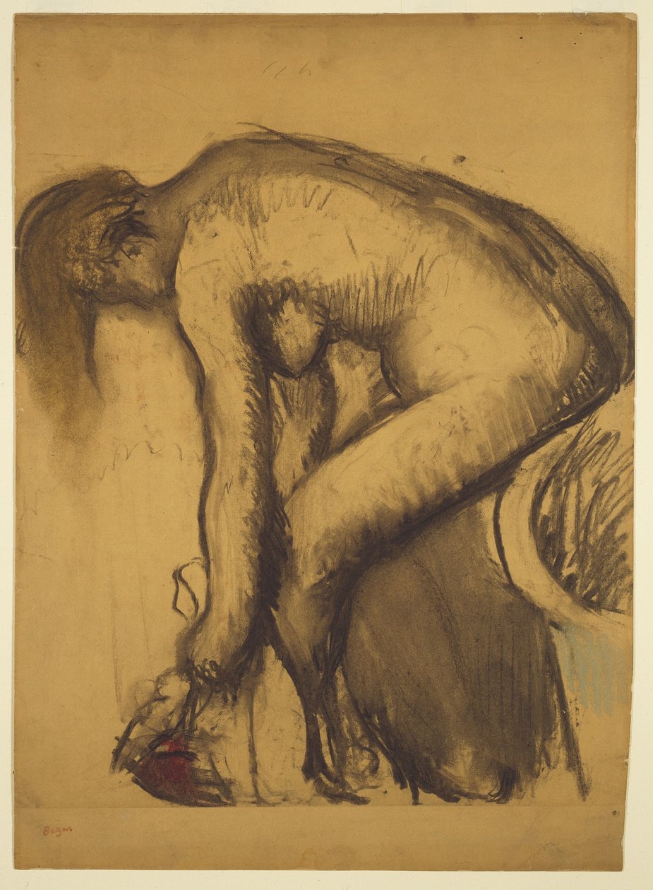 沐浴后（女人擦脚），c.1900（木炭、水洗、粉彩纸本放在木板上） 作者 埃德加·德加