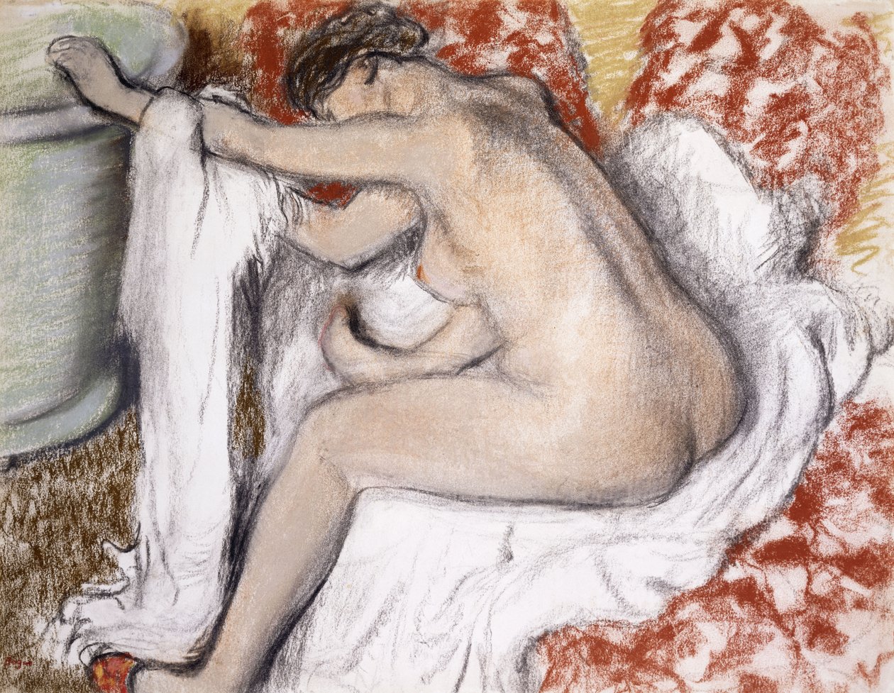 洗完澡后（女人自己弄干）； La Sortie du Bain（Femme S&39;Essuyant），约1885年（纸上单色的蜡笔画） 作者 埃德加·德加
