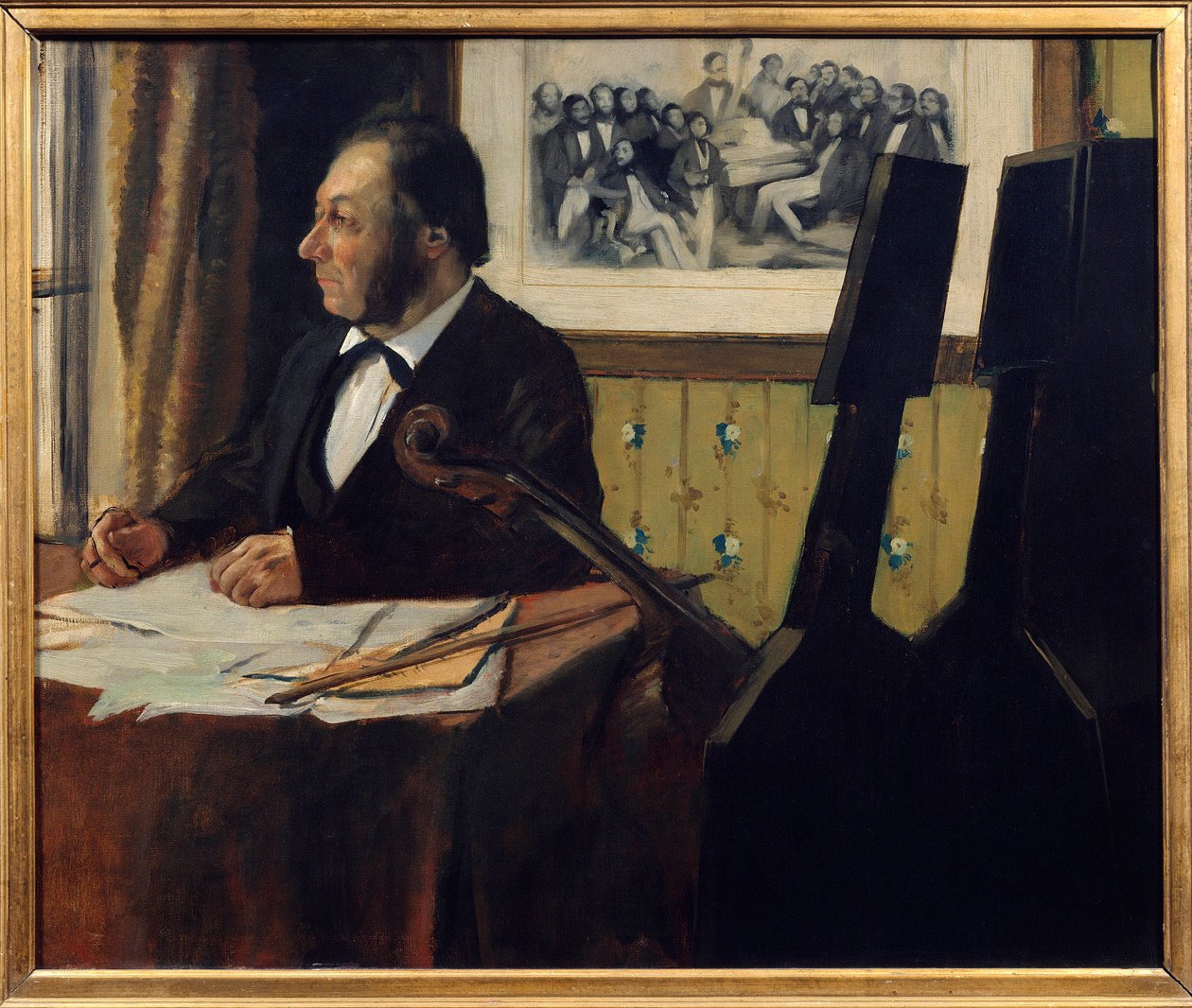 大提琴手皮莱特 (Louis Marie Pilet) (1815-1877)。 埃德加·德加 (Edgar Degas) (1834-1917) 的画作，1869 年 0,50 x 0,61 m 巴黎。 奥赛博物馆 - 歌剧院管弦乐队大提琴手 Louis-Marie Pilet (1815-1877) 的肖像。 埃德加·德加 (1834-1917) 的绘画 作者 埃德加·德加
