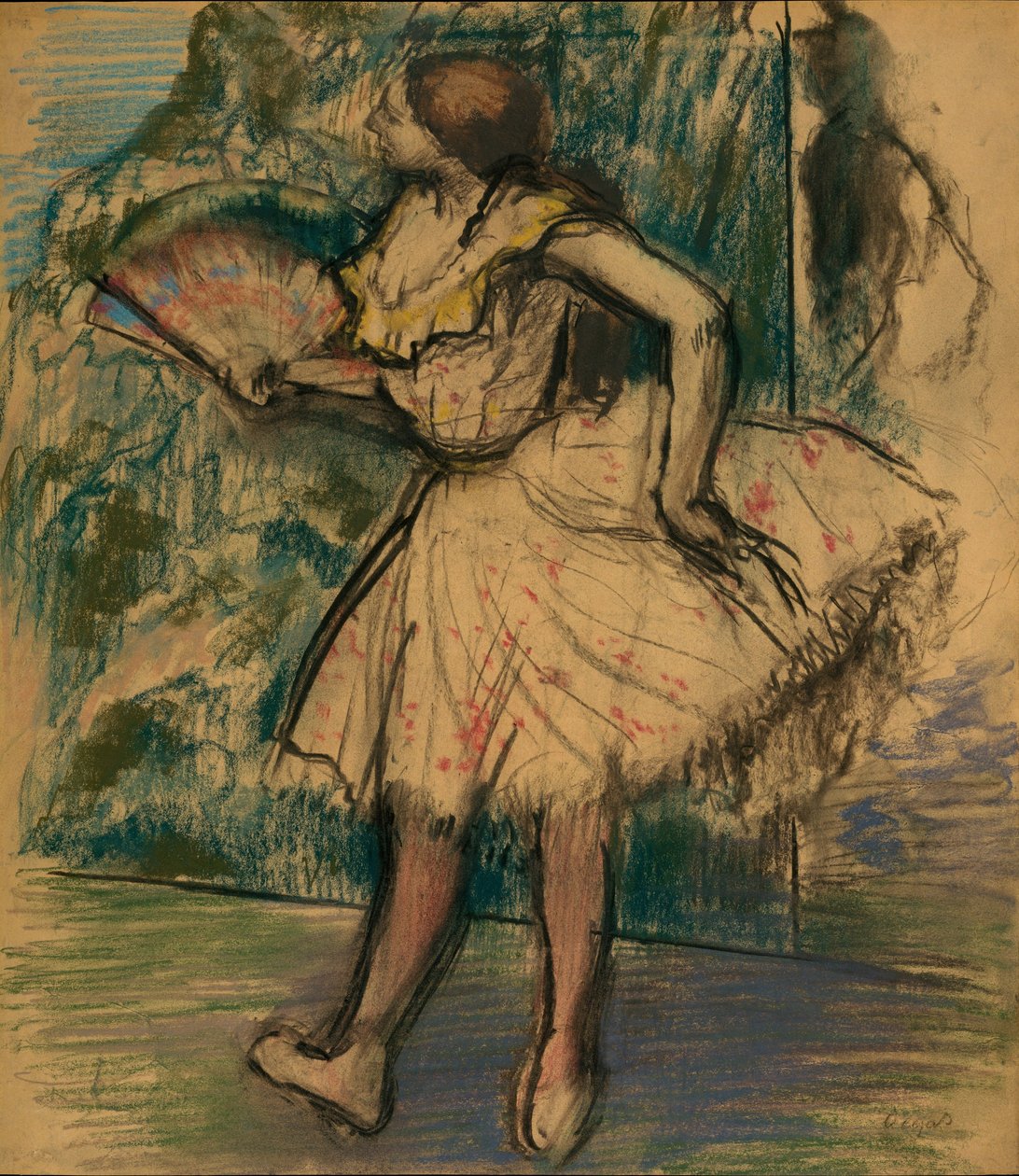带风扇的舞者，c.1890-95（粉红色和浅色织物描图纸上的木炭） 作者 埃德加·德加
