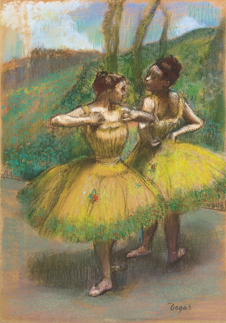 穿着黄色连衣裙的舞者； Danseuses jupes jaunes，约1896年（粘贴纸上的粉彩和木炭） 作者 埃德加·德加