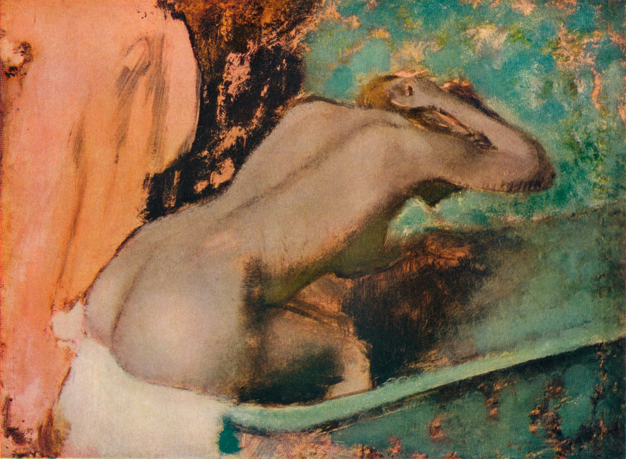 坐在浴缸边缘并沐浴脖子的女人，c1880，1936年 作者 埃德加·德加