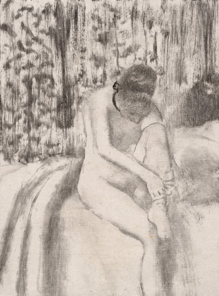 女孩穿上她的长袜，1876-77。 作者 埃德加·德加