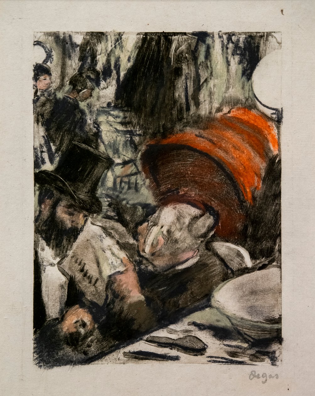 Ludovic Halevy 在更衣室里听红衣主教夫人的故事。 1876-1877 年左右。 用黑色墨水在单字上粉彩，第一次测试。 作者 埃德加·德加