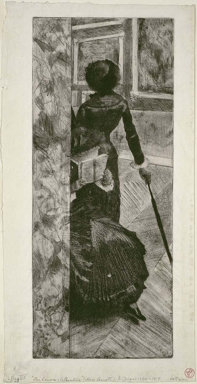 玛丽·卡萨特（Mary Cassatt）在罗浮宫绘画画廊中，1879-80年 作者 埃德加·德加