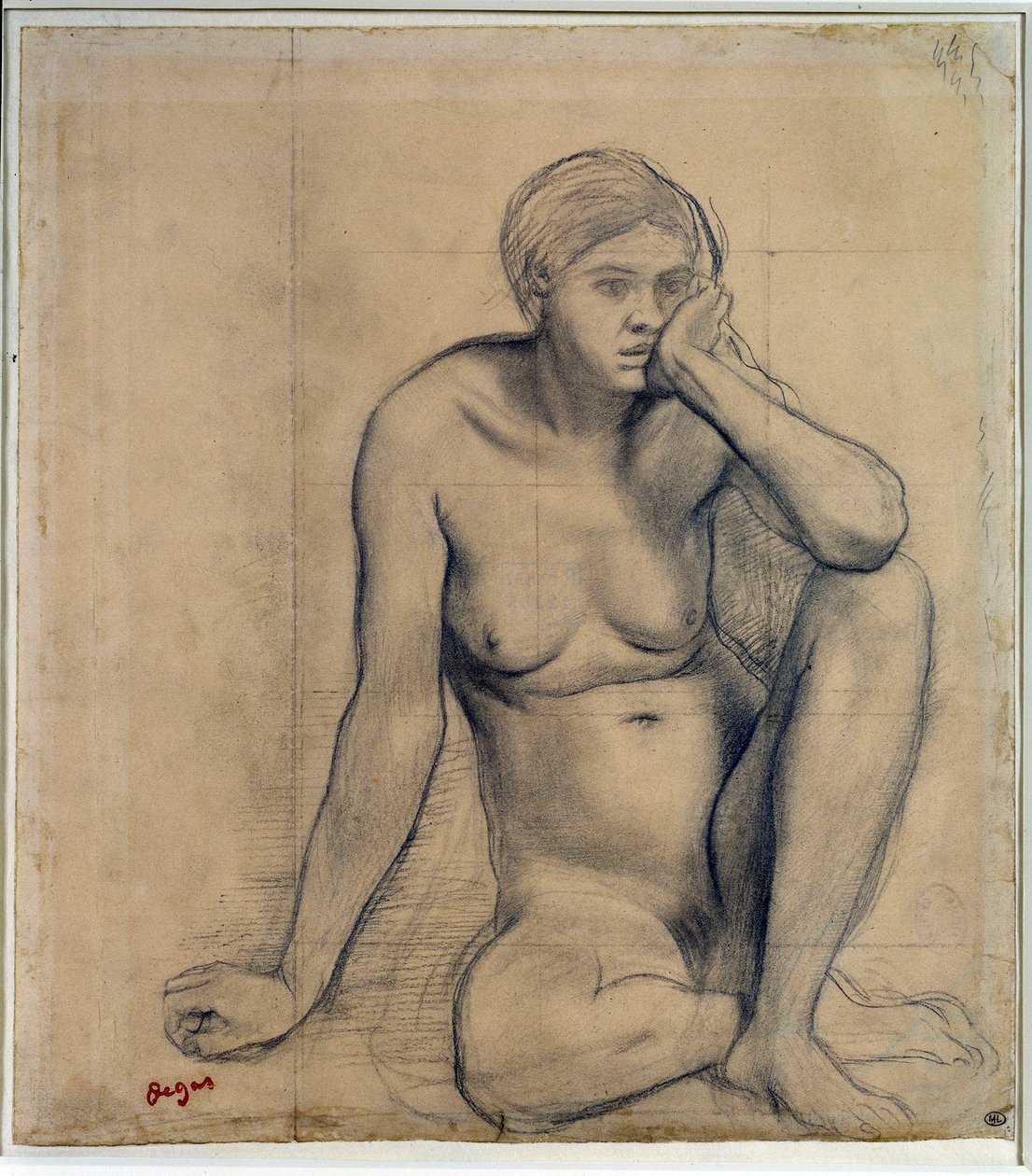 裸体女人坐着研究“中世纪的场景”，埃德加·德加（1834-1917）绘画。 0,27 x 0,31 m 巴黎。 卢浮宫 作者 埃德加·德加