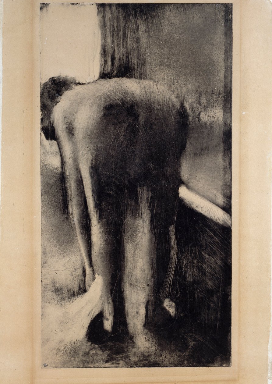 裸体女人在她的浴缸附近用脚踩踏 埃德加·德加 (Edgar Degas，1834-1917) 1879-1883 年用黑色墨水Monotype。 0,45 x 0,23 m 巴黎。 卢浮宫 作者 埃德加·德加