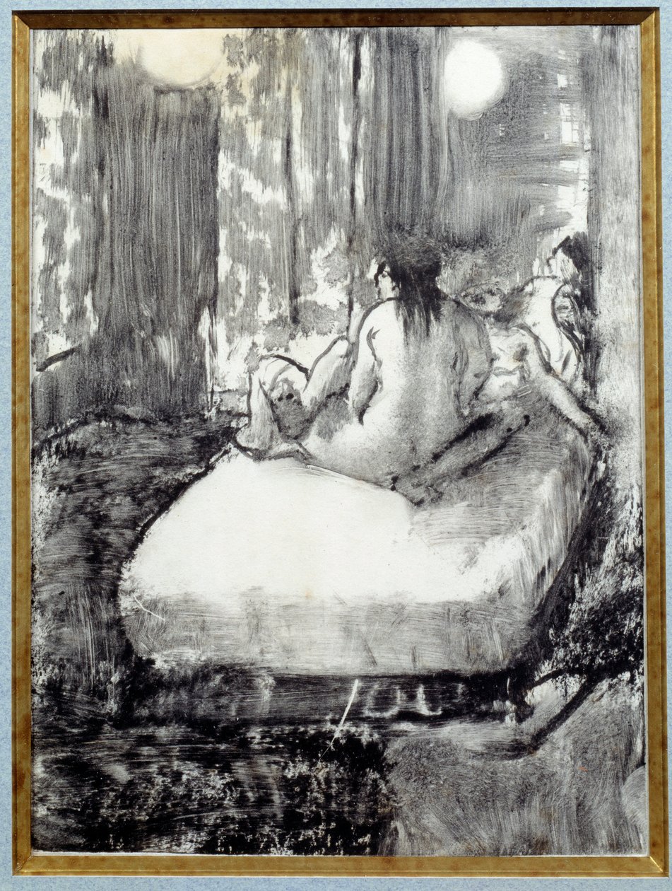 在床上埃德加·德加斯（Edgar Degas）用黑色墨水在中国纸上的单色 作者 埃德加·德加