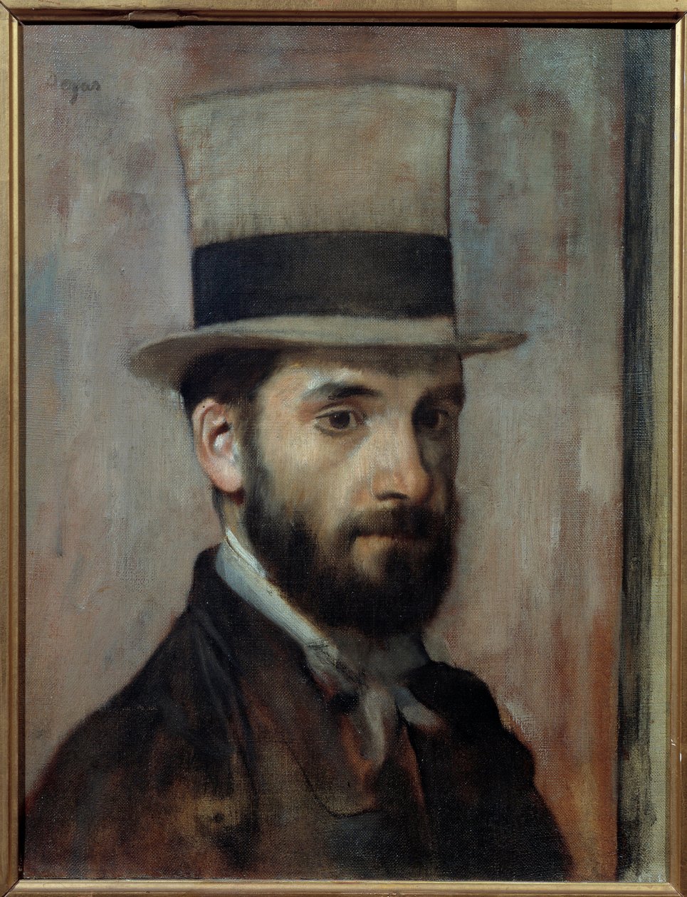 Leon Joseph Florentin Bonnat (1833-1922) 的肖像 画家戴着一顶礼帽。 埃德加·德加 (Edgar Degas) (1834-1917) 的画作，1863 年 0,43x0,36 m 巴约讷，博纳博物馆 - Leon Joseph Florentin Bonnat 的肖像（1833-1922）。 艺术家戴着一顶礼帽。 绘画b 作者 埃德加·德加