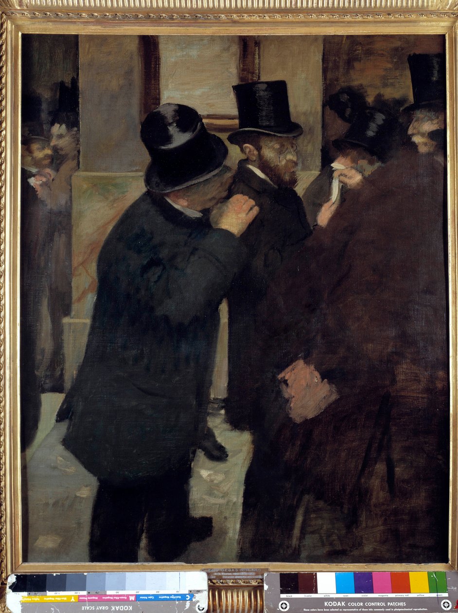 交易所或“A la Bourse”的肖像：由金融家和收藏家 Ernest May（1845-1925）代表。 埃德加·德加 (1834-1917) 的绘画。 1878-1879 年。 暗：1.00 x 0.82 m。 巴黎，奥赛博物馆 - 证券交易所或“A la Bourse”的肖像：r 作者 埃德加·德加