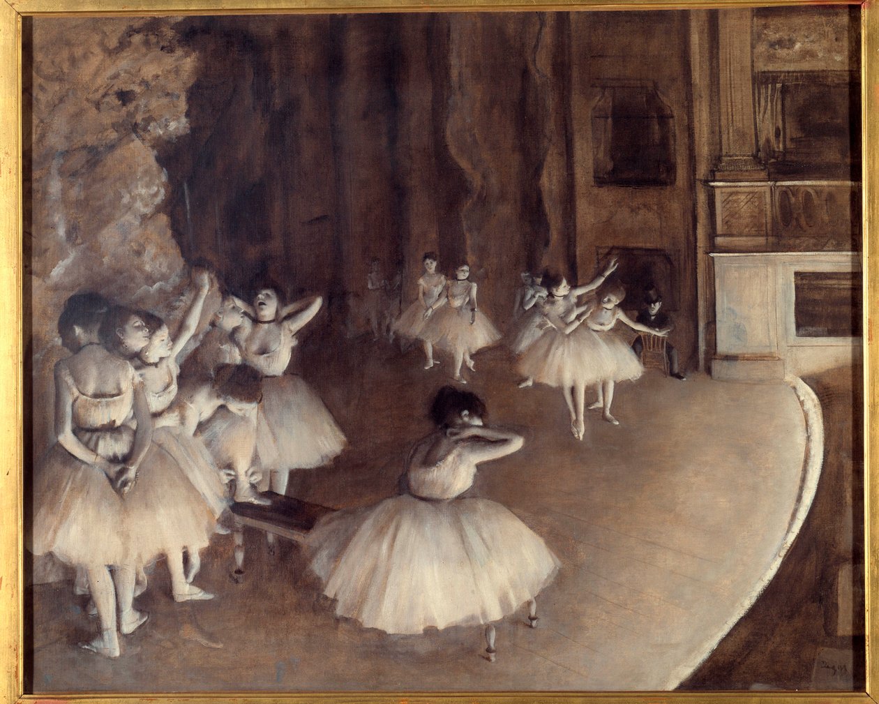 舞台上芭蕾舞的重复 埃德加·德加（Edgar Degas，1834-1917 年）的画作。 1874. 昏暗。 0,65x0,81 米。 巴黎，奥赛博物馆 作者 埃德加·德加