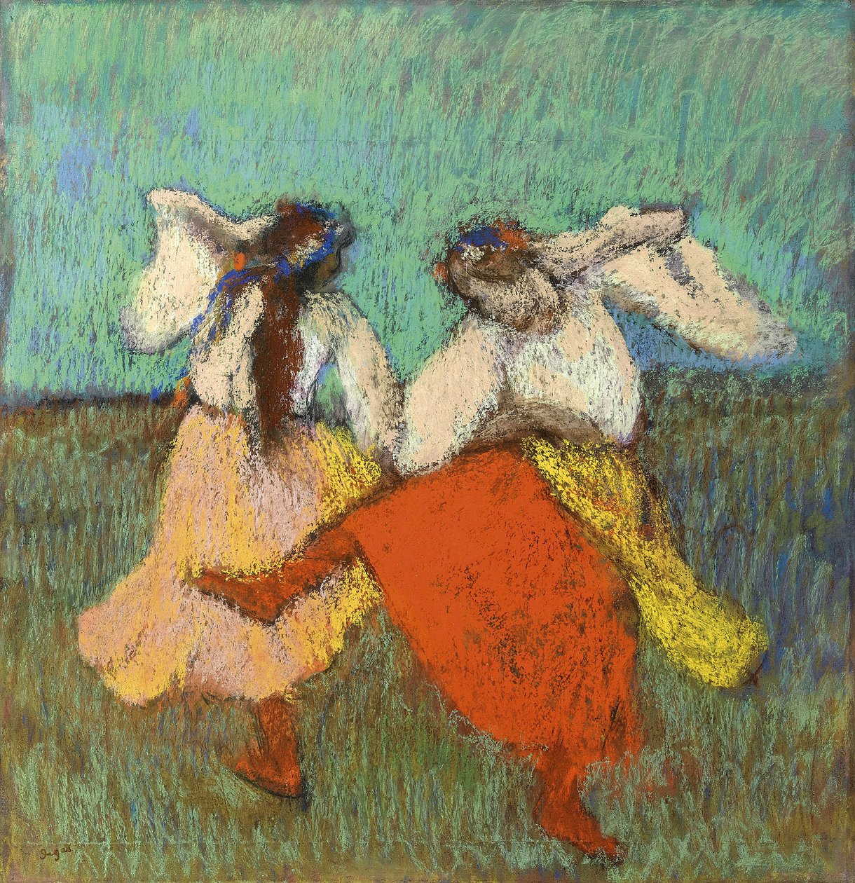 俄罗斯舞者 (Danseuses Russes) par Degas, Edgar (1834-1917)。 纸上粉彩，尺寸：63x60,8，约 1899 年，私人收藏 作者 埃德加·德加
