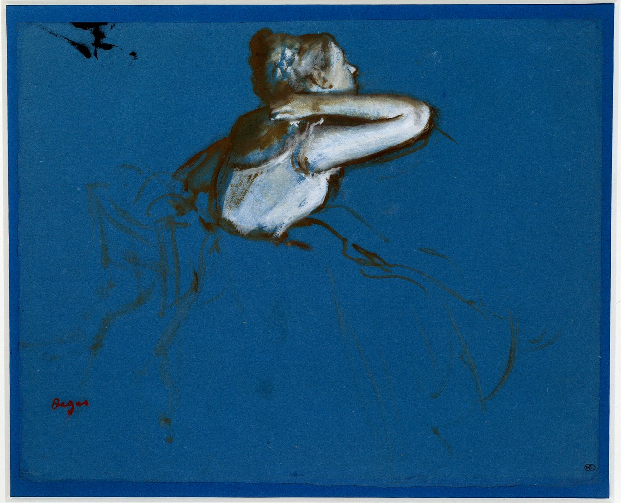 埃德加·德加 (Edgar Degas) (1834-1917) 1873 年昏暗的蓝纸上的坐着的舞者向右转。 0,23 x 0,29 m 巴黎。 奥赛博物馆 作者 埃德加·德加