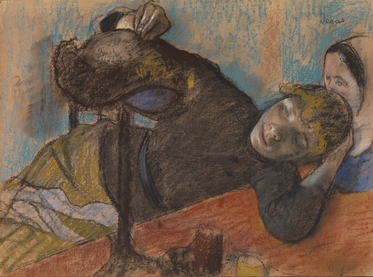 The Milliner，c.1882（粉红色和木炭在温暖的灰色编织纸上铺上深褐色） 作者 埃德加·德加