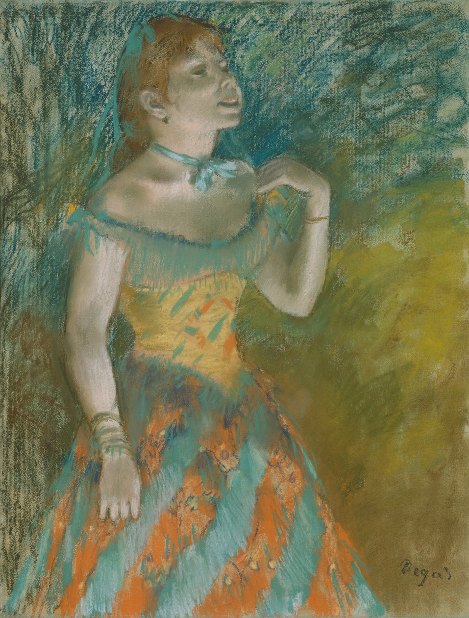 绿色歌手，c.1884（浅蓝色纸上的粉彩） 作者 埃德加·德加