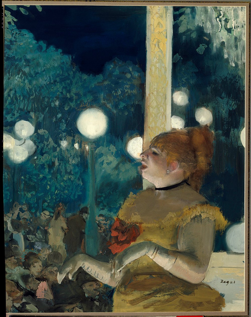 狗之歌（Emma Valladon 在咖啡馆音乐会上叫 Theresa（1837-1913）） Edgar Degas（1834-1917）绘画，水粉和粉彩，57.5 厘米 x 45 厘米 作者 埃德加·德加