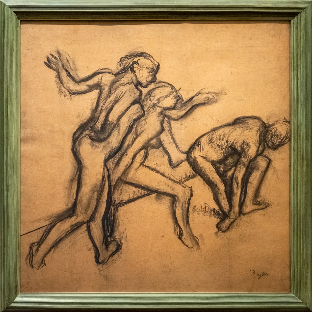 三个裸体舞者。1895-1900.炭笔在描图纸上。 作者 埃德加·德加