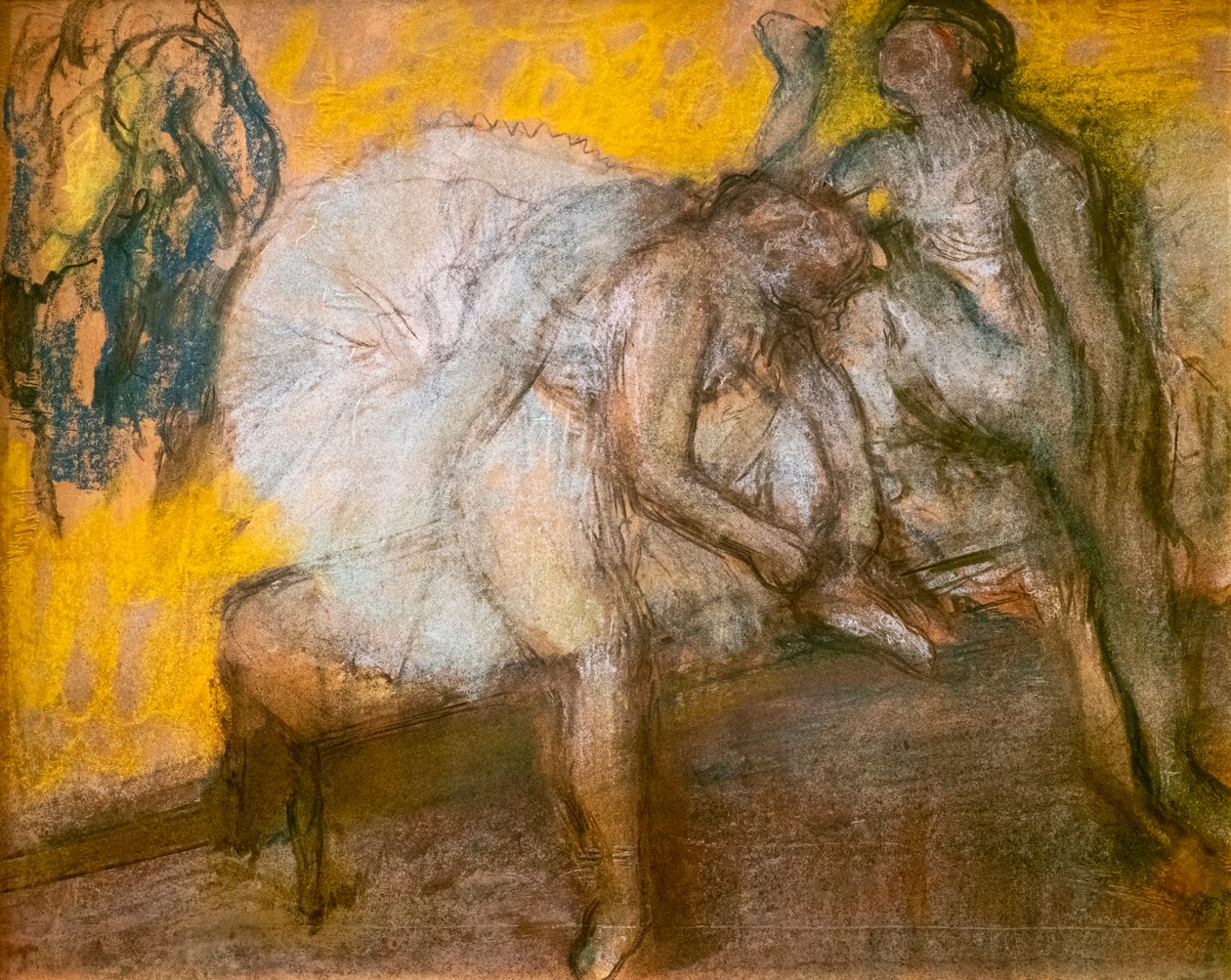 两个舞者在休息。1910年左右。上等天鹅绒纸上的粉彩画。 作者 埃德加·德加