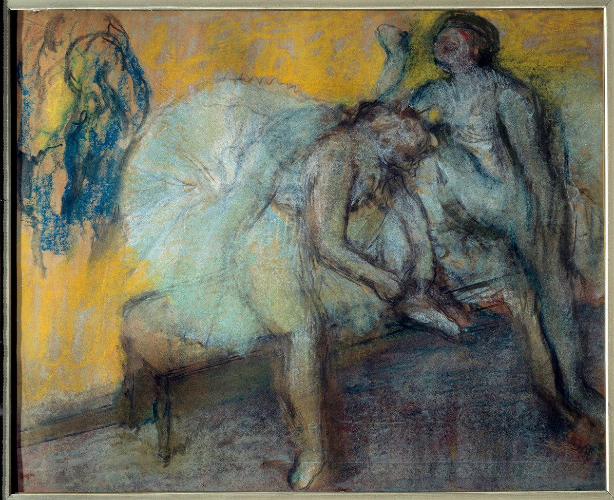 埃德加·德加（Edgar Degas，1834-1917 年）在麂皮纸上画着粉彩和木炭，休息中的两位舞者。 1910-1912 昏暗。 0,78x0,96 m 巴黎，奥赛博物馆 作者 埃德加·德加