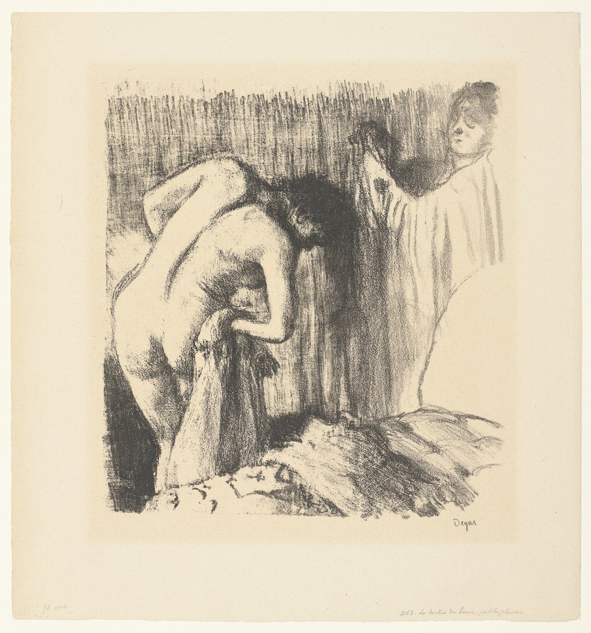 妇女洗完澡擦干身体，妻子递上衣服
La Sortie du bain 作者 埃德加·德加
