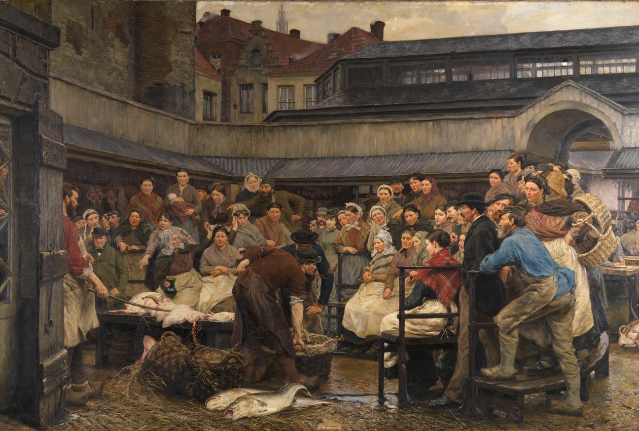 1882 年安特卫普的老鱼市（布面油画） 作者 埃德加德·法拉辛（Edgard Farasyn）