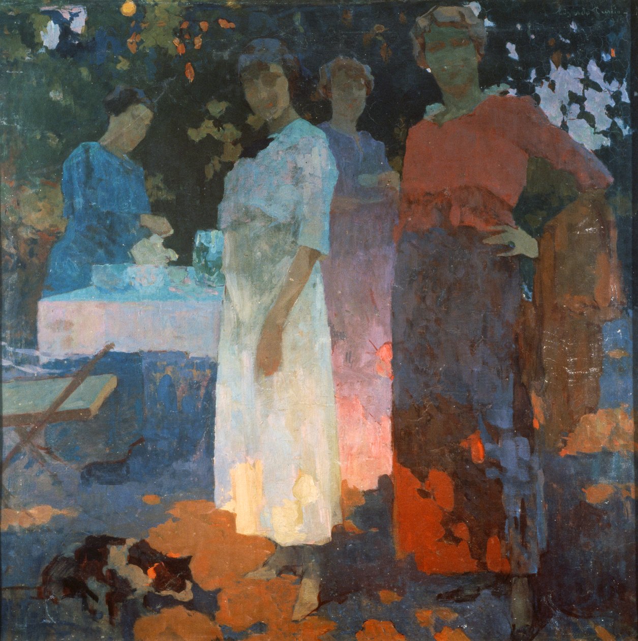 花园里的早餐》，埃德加多-库尔西奥（1881-1923 年）创作，布面油画，82x82 厘米。意大利，20 世纪。 作者 埃德加多·库尔西奥