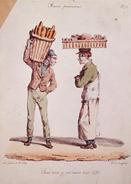 两个年轻商人交谈的漫画，板块编号72，来自 "Moeurs Parisiennes "系列，由Langlume雕刻，约1820年（彩色平印）。 作者 Edme Jean（之后）Pigal