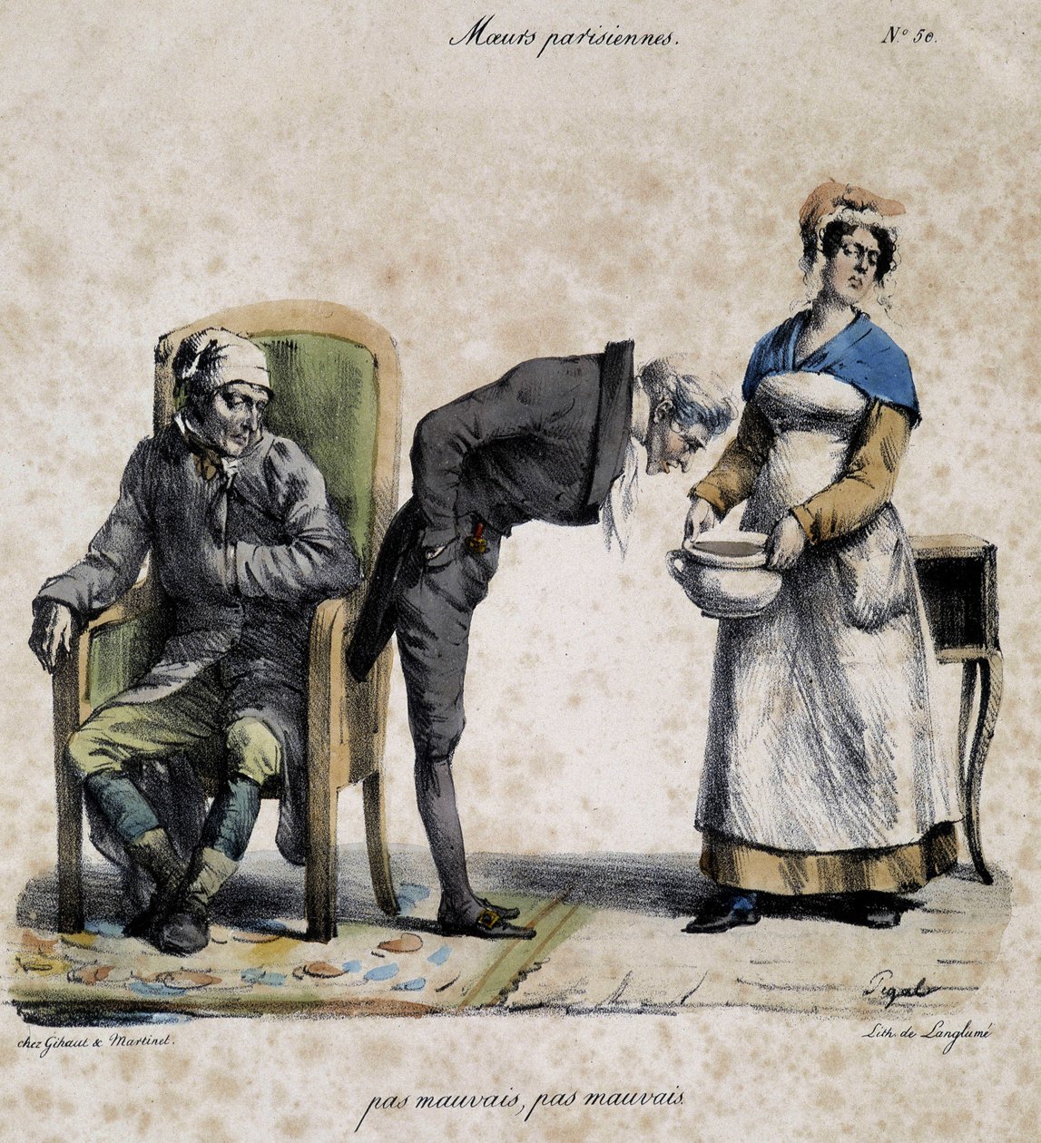 Sick, doctor looking in the pot and servant. Cartoon of Parisian morals by Pigal (19th century), preserved at the Musee Dobree in Nantes. 作者 Edme Jean（之后）Pigal