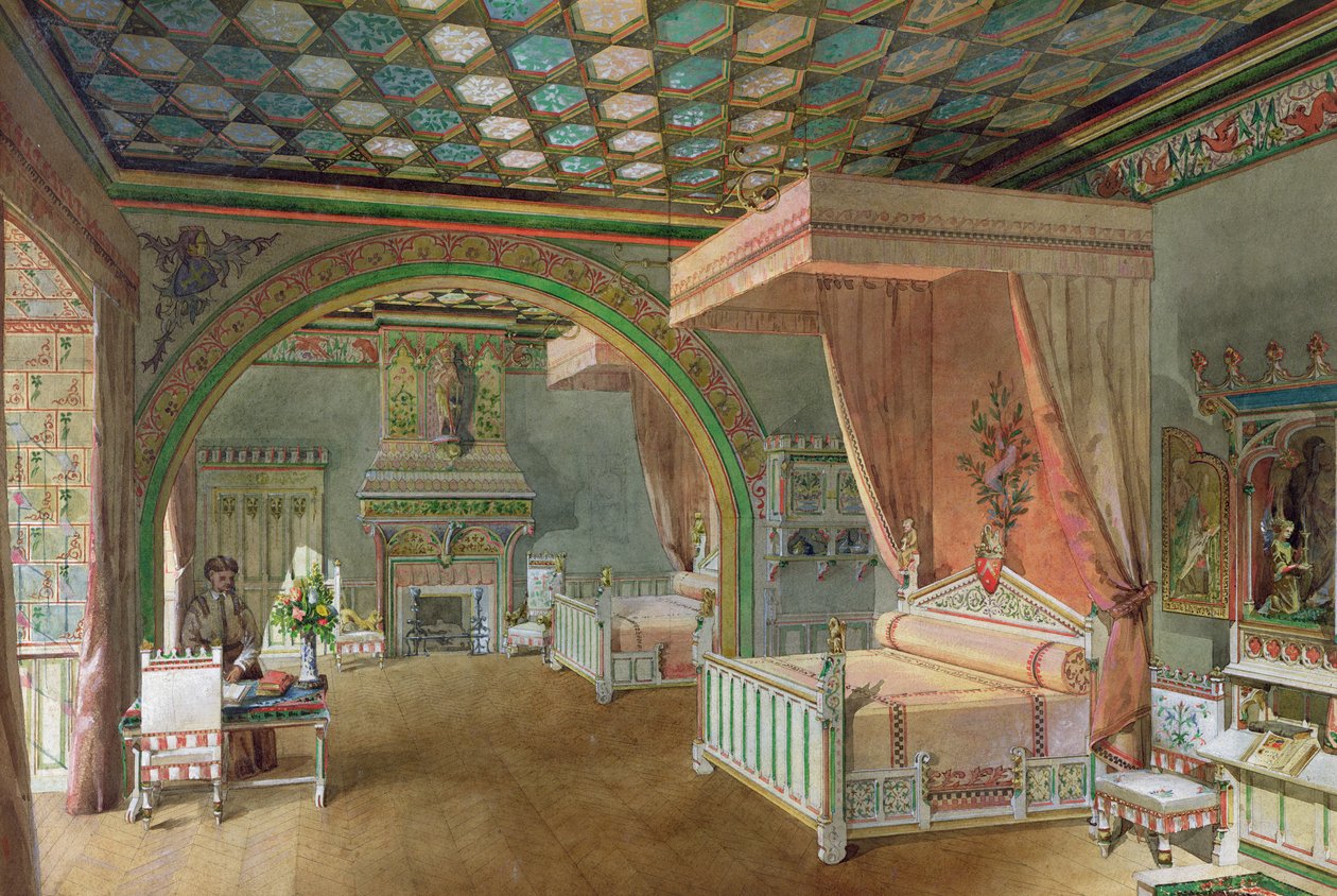 Chateau de Roquetaillade的粉红色房间，1868年（纸上写着） 作者 埃德蒙·杜索伊特