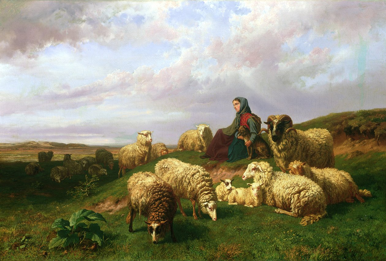 牧羊女与她的羊群一起休息，1867年 作者 埃德蒙·简·巴蒂斯特·查格尼