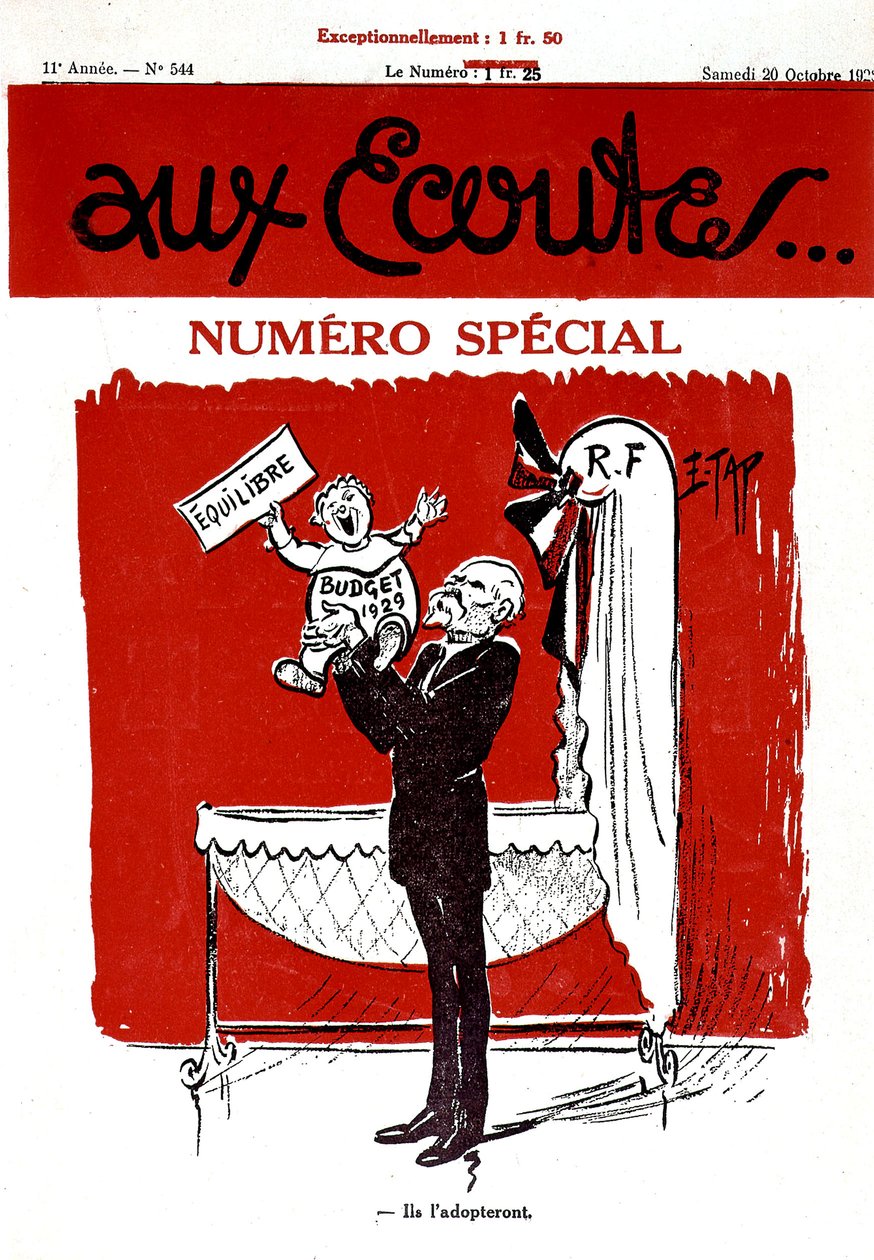 法国报纸《Aux Ecoutes》的头版上有一个婴儿，代表 1929 年的预算，即将在摇篮里（法兰西共和国） 作者 爱德蒙 (1861 1943) 挂毯