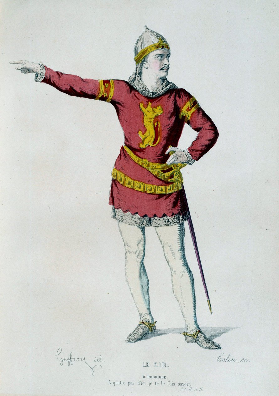 Don Rodrigue 或 Le Cid 在 Pierre Corneille (1606-1684) 的“Le Cid”第二幕第二幕中的服装。 Edmond Geffroy (1804-1895) 插图 19 世纪巴黎，法国喜剧 作者 埃德蒙·艾梅·弗洛伦丁·杰弗罗伊