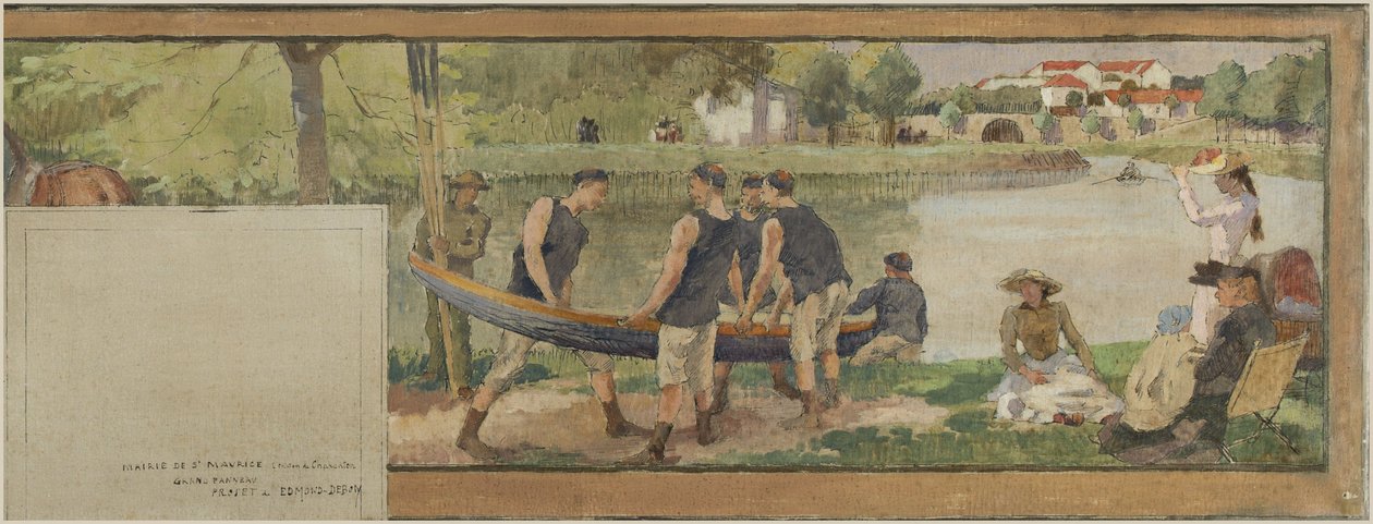 圣莫里斯市政厅草图：风景。Les bords de la Marne（为市政厅绘制），1890 年至 1892 年（布面油墨） 作者 埃德蒙·德邦